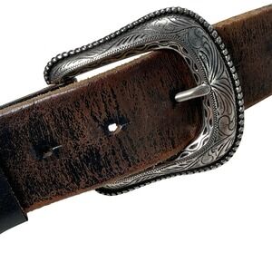 NPET Senmi Belt Mens 36-38 Brown Full Grain Genuine Leather Silver Buckle